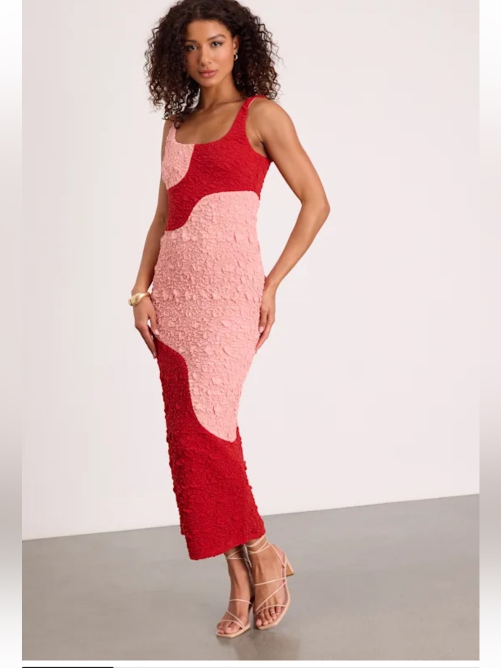 Instantly Adored Red and Pink Color Block Textured Midi Dress NWT